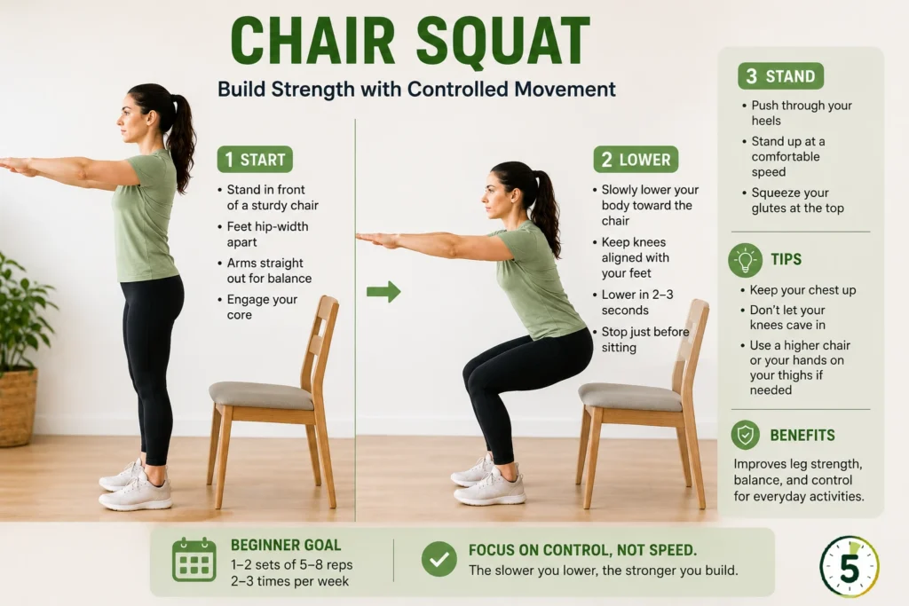 Woman performing a chair squat with controlled lowering to build leg strength and balance.