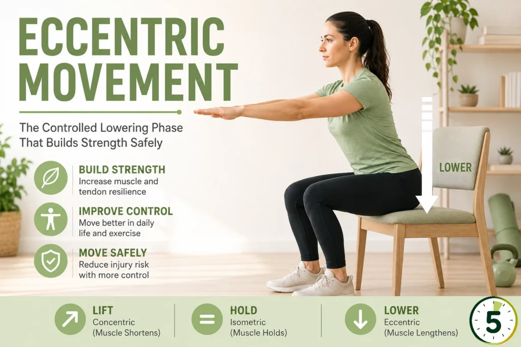 Woman performing a controlled chair squat to demonstrate eccentric movement