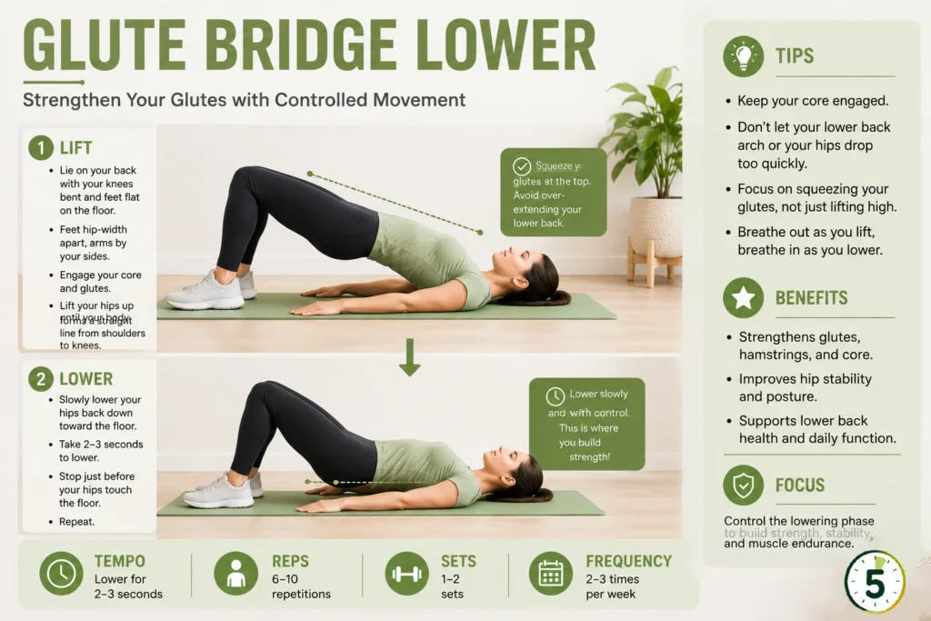 Woman lowering from a glute bridge with control to strengthen the glutes, hamstrings, and core.