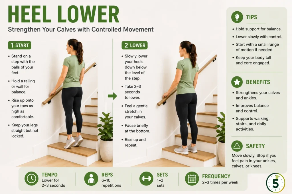Woman performing a heel lower exercise on a step while holding the wall for balance.