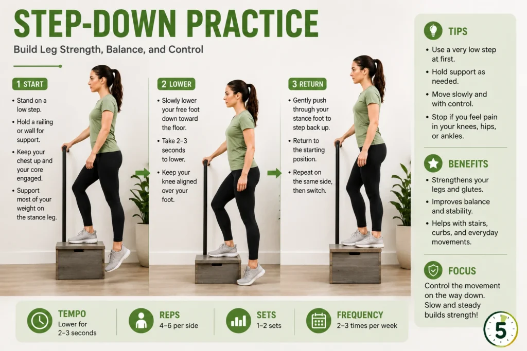 Woman practicing a controlled step-down from a low step to improve leg strength, balance, and stability.