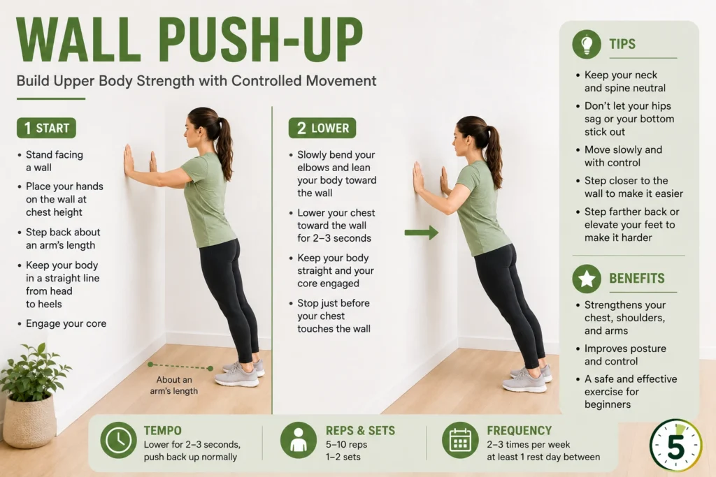 Woman doing a beginner wall push-up to strengthen the chest, shoulders, and arms with controlled movement.